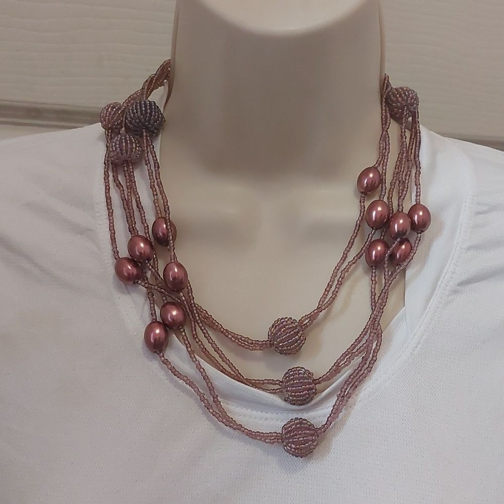Vintage Extra Long Station Style Necklace Seed Beads Shiny Beads Cognac Mauve